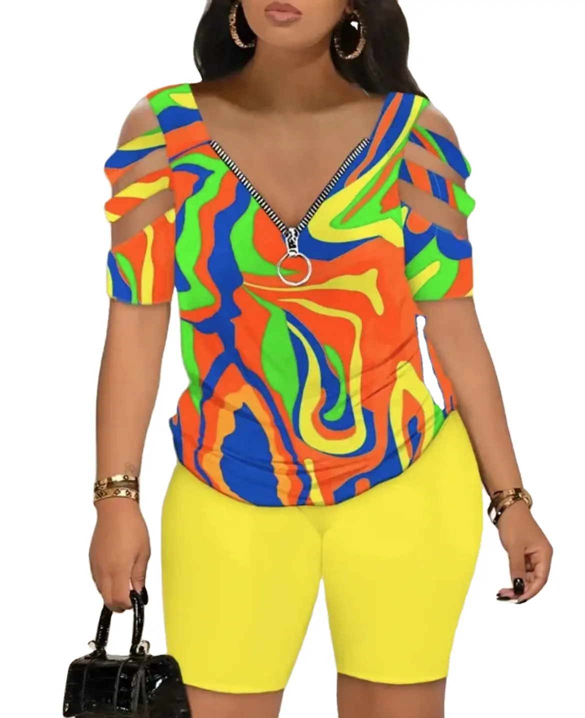 Mode bunte Regenbogen sexy Reiß verschluss Pullover Frauen Shirts Street Wear Casual Anzüge Big Size Printing Zweiteilige Chiffon-Sets