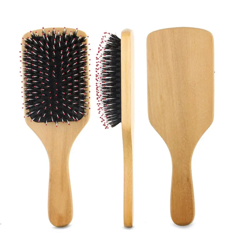 Best Natural Wooden Paddle Hair Brush Health Care Scalp Massage Brush Comb Pig Mane Anti-static Hair Modelling Comb