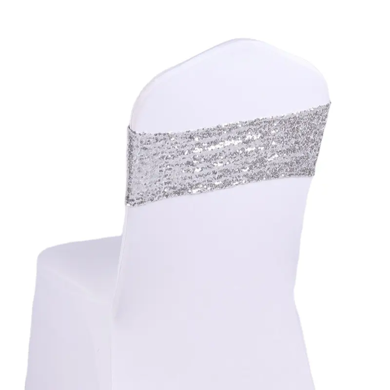 Hot Sale Silver Stretch Cheap Spandex Shiny Sequin Chair Band Chair Sash For Wedding Party Decoration