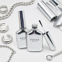 Galvanisch versilberter Nagellackflaschenverschluss mit Pinsel, geteiltes Panzerdesign, hochweißes Glas, quadratische Form, Siebdruck