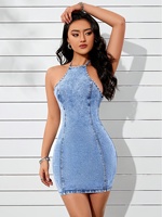 Robe midi moulante en jean pour femme, col licou, avec lien au dos, coupe ajustée, style Y2K, été, délavage clair