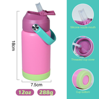 Bouteille d'eau isotherme en acier inoxydable 12 oz 100 % étanche avec paille rabattable, poignée souple et base en caoutchouc pour enfant