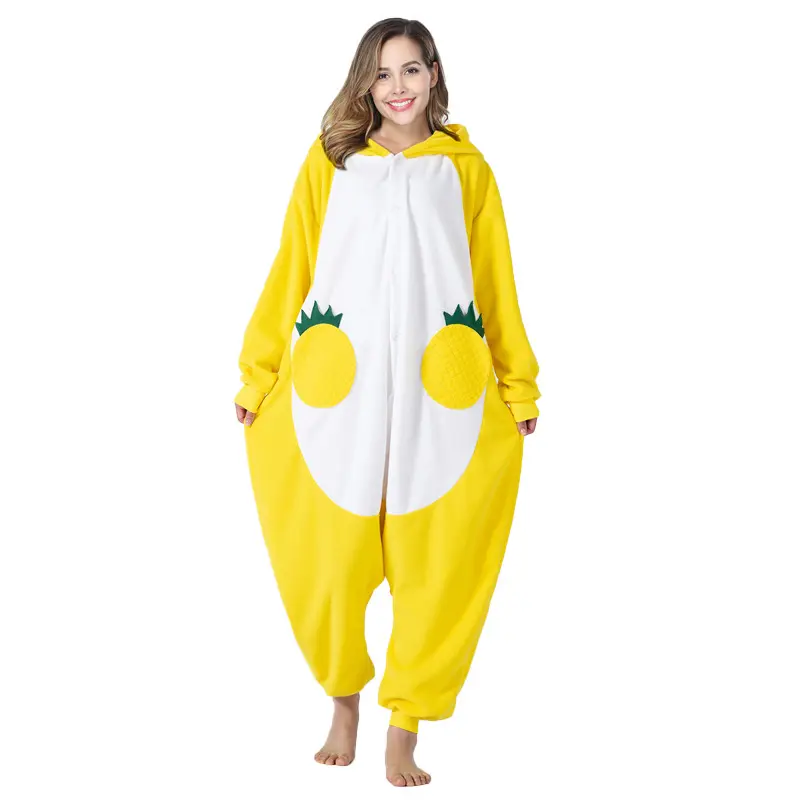 Pineapple Adult Fleece Hooded Onesie Flannel Dress Up Costume Pajamas Halloween Cosplay Animal Costumes Sleepwear
