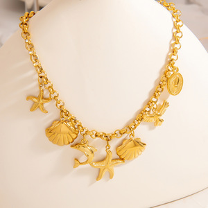 สร้อยคอธีมมหาสมุทรแบบหลายชั้น ประดับด้วยจี้รูปปลาดาวและเปลือกหอย ชุบทอง ประดับด้วยลูกปัดหินธรรมชาติ สำหรับทริปไปเที่ยวทะเล เครื่องประดับแฟชั่น - Product Image 2