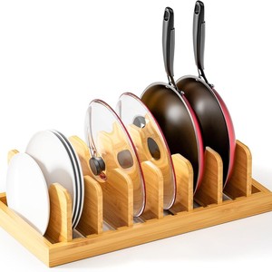 Bamboo <b>Pot</b> <b>Lid</b> Rack With Stand Square Kitchen Dish Storage Organizer For <b>Pots</b> And Bowls Minimalist Design - Product Image 1