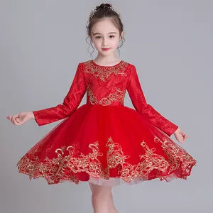 꽃 소녀 드레스 가을과 겨울 큰 빨간 레이스 메쉬 착용 어린이 의류 여자 미인 드레스 1202