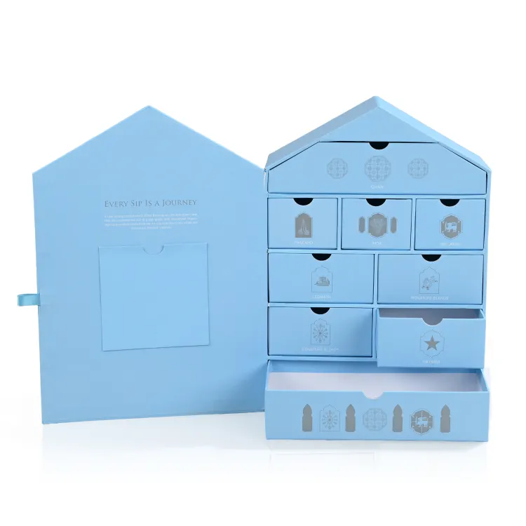 Benutzer definierte blaue Pappe 12 Tage Advents kalender Haus geformte Verpackung Geschenk box