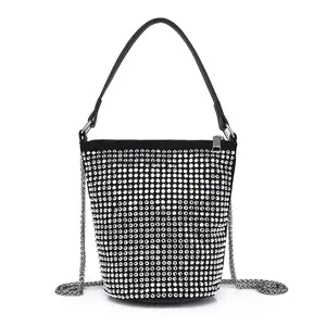 Wholesale 2 color ways small pu shoulder hand bag with stones bead chain soft small diamond handbags for women