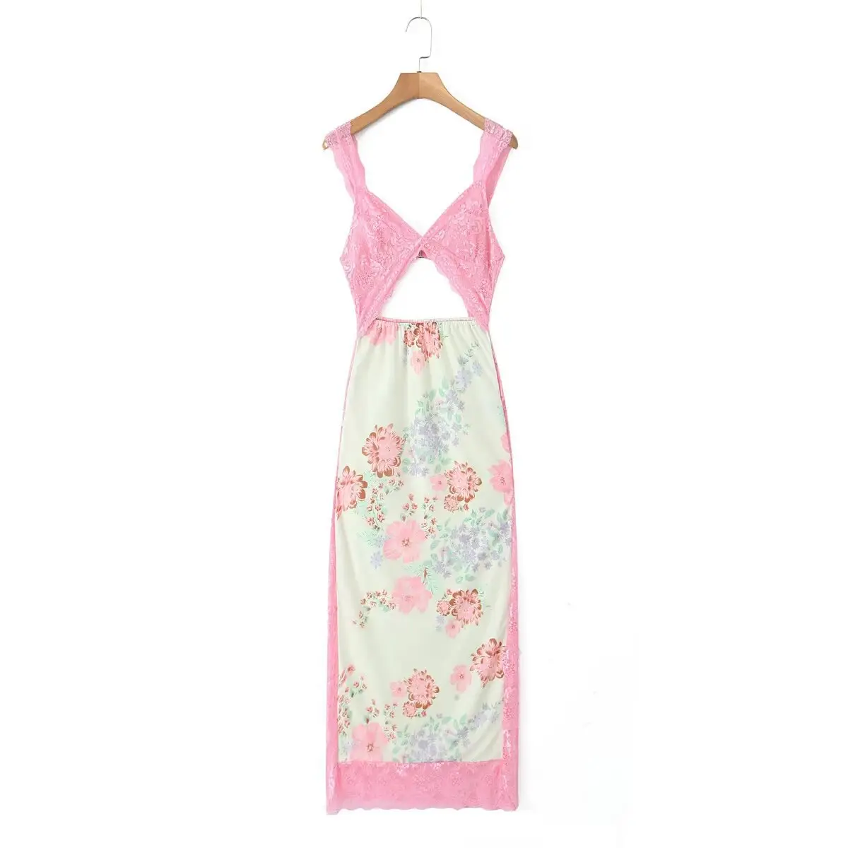 שמלה ארוכה נשית הכוללת תחרה ורודה ועיצוב פרחים צבעוני בגדים בגזרה דקיקה שמלת קיץ מזדמנת