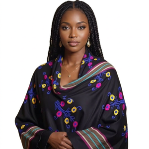 Wholesale Black Viscose Embroidered Floral Shawl Striped Border Fringe Women Hijab Scarf OEM ODM Custom - Product Image 1