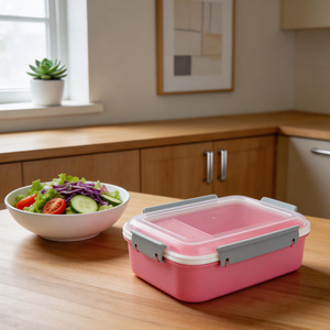 Boîte à lunch rectangulaire en plastique refermable à quatre compartiments avec compartiment pour sauce et salade, idéale pour une utilisation en extérieur - Product Image 2