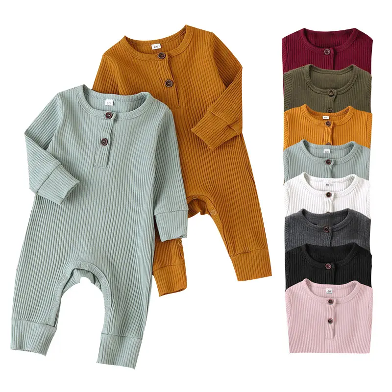 Ropa de algodón de diseño personalizado para bebé, Pelele de manga larga de algodón con botones