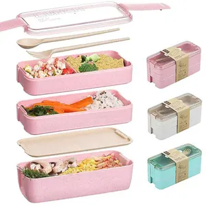 3 पैक जापानी बच्चों दोपहर के भोजन के बॉक्स सेट गेहूं के भूसे 3-में-1 डिब्बे माइक्रोवेव स्कूल Bento बॉक्स बच्चों और वयस्कों ग्रीन/गुलाबी/बेज