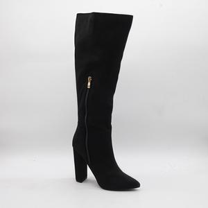 BUSY GIRL HQ1150 sepatu bot selutut untuk wanita, sepatu bot hak tinggi Chunky ujung lancip bahan Suede setinggi lutut, sepatu bot lipit untuk wanita - Product Image 4