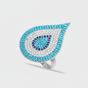 Venta al por mayor hecho a mano 925 joyería de plata esterlina forma de gota buena suerte ojo turco diseño tradicional racimo anillo zafiro único - Product Image 2