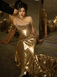 Banquet fête <span class=keywords><strong>robe</strong></span> de soirée dorée femmes élégant luxe Unique paillettes <span class=keywords><strong>robe</strong></span> d'hôte hors épaule sirène Silhouette grillage - Product Image 2