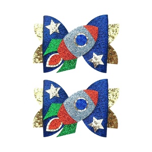 Pince à cheveux en tissu écologique pour enfants, motif fusée spatiale, avec nœud double couche étoile et embout bec de canard, pour fêtes décontractées - Product Image 2