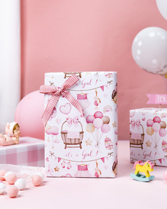 Papel de regalo original para baby shower, diseño de nubes rosas, conejito, cuna y lazo, para regalo de bebé - Product Image 4