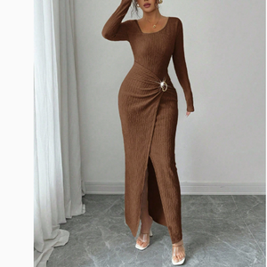 Abito Lungo Elasticizzato da <span class=keywords><strong>Donna</strong></span> Autunno Inverno Stile Vintage Texture Lavorata a Maglia Antistatico Casual Maxi Dress - Product Image 4