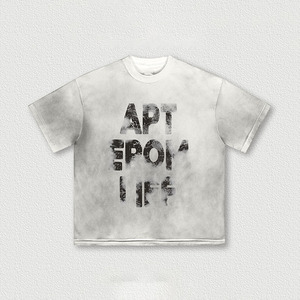 T-shirt graphique vintage délavé à l'acide pour homme, coupe courte et carrée, imprimé lettres, effet usé, streetwear, tee-shirt en coton oversize, style hip-hop décontracté - Product Image 1