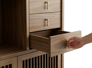 Robe asymétrique à volants sur le côté |   Armoire de nuit en bois massif noyer avec plateau en marbre et rails incurvés pour salon, hôtel, chambre à coucher - Product Image 4