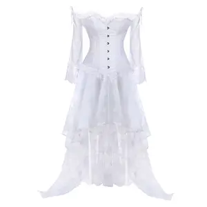 Kadın Vintage Steampunk korse elbise victoria Retro gotik korse üst Burlesque Lace korse ve Bustiers etek seti