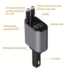 <span class=keywords><strong>Chargeur</strong></span> de voiture rétractable 4 en 1 66W USB Type C PD à charge rapide avec affichage numérique LED pour téléphone, ordinateur portable, <span class=keywords><strong>chargeur</strong></span> de voiture - Product Image 1