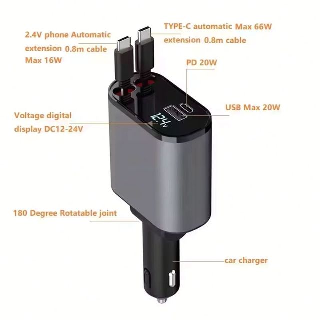 4 in 1 66W Retractable Car Charger USB Type C PD Fast Charging with LED Digital Display for Phone Laptop Car Charger
