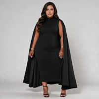 Robe longue élégante vintage pour femme grande taille, en jersey, col montant, sans manches, avec cape intégrée, couleur unie