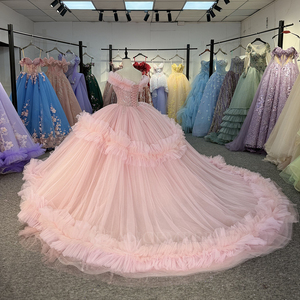 Vestido de Quinceañera Rosa Dy20257, Vestido de Gala con Volantes y Escote Corazón, Vestido de 16 Años con Cuentas y Cola Grande, Elegante Vestido de Encaje para Fiesta de Graduación Jancember - Product Image 5