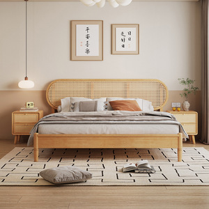 Retro Rattan Solid Wood Double <b>Bed</b> 1.8m 1.5m Storage <b>Bed</b> With Compartments Bedroom Furniture - Product Image 2