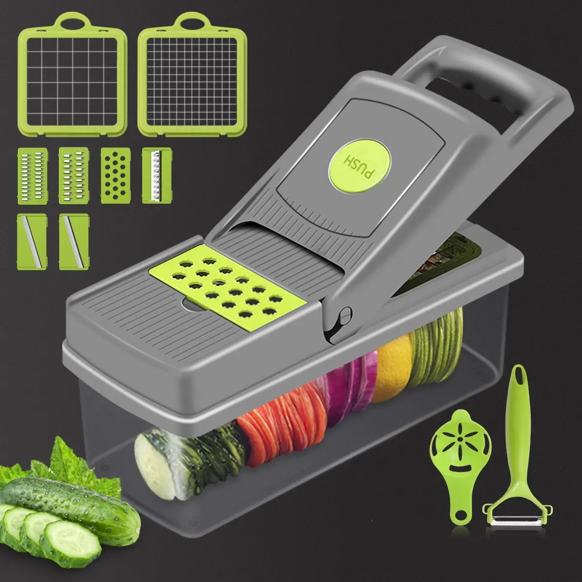 Picador de alimentos, fatiador de legumes e cortador espiralizador, ralador, ralador, conjuntos de utensílios de cozinha com recipiente