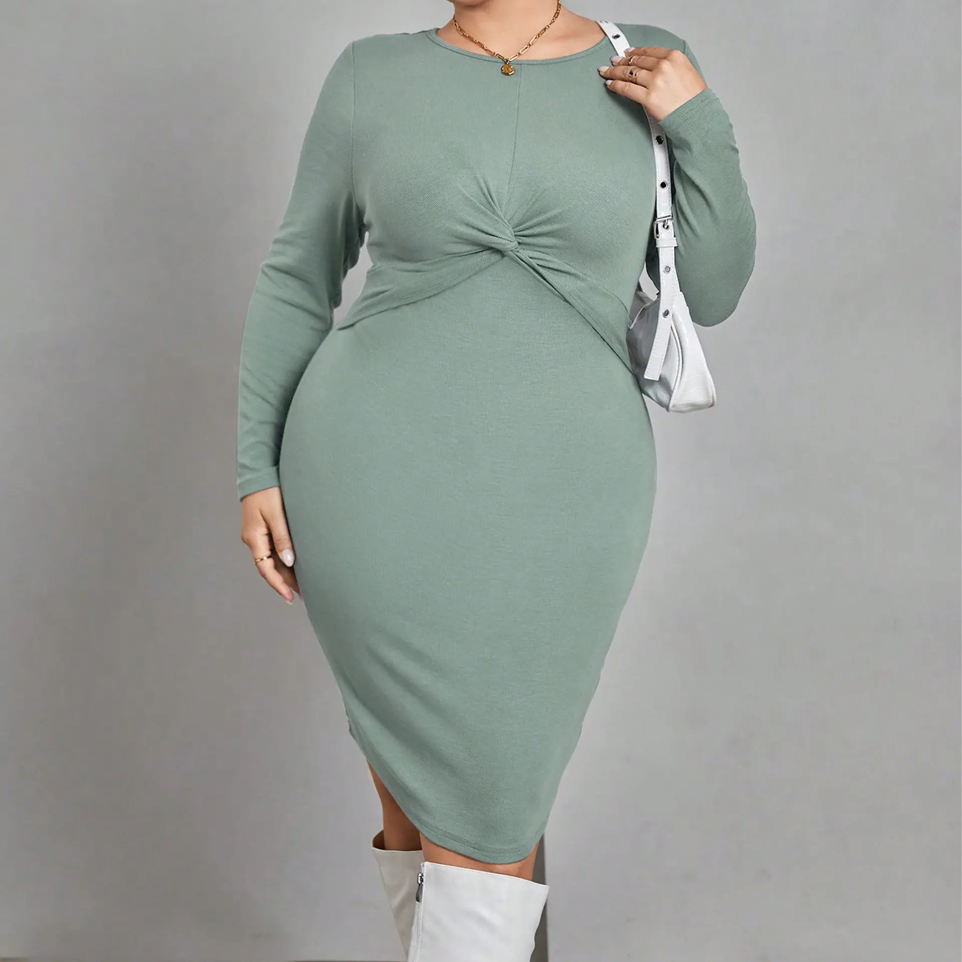 女性のための最も人気のある服ツイストフロントvestido ancho casuales女性ボディコン長袖プラスサイズのドレス