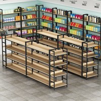 Étagères de supermarché, présentoirs multi-niveaux en acier et bois, tables îlots, comptoirs de snacks pour magasins de proximité