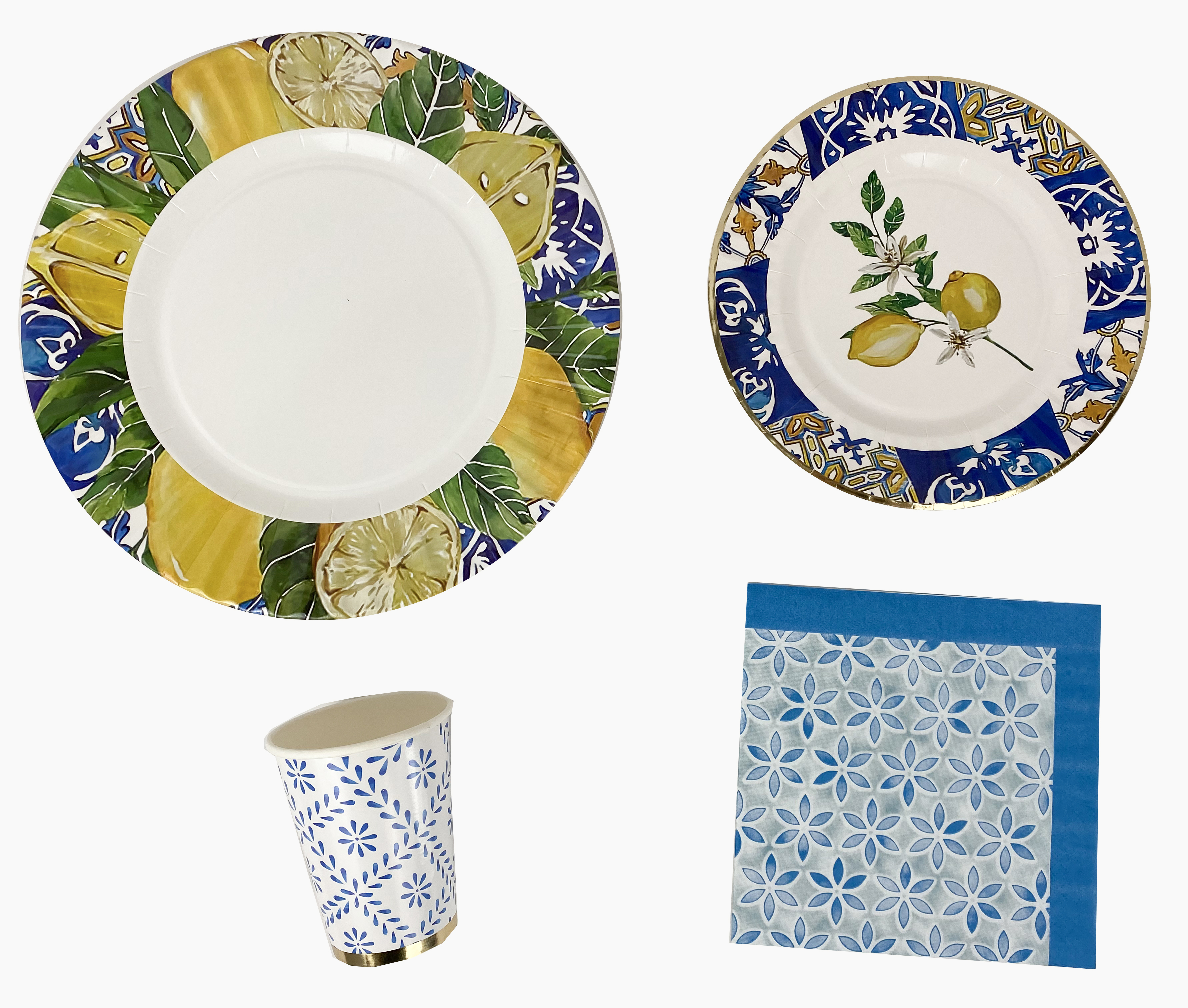 White/blue lemon paper tableware set