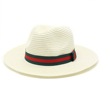 Chapeau unisexe vert et rouge rayé ruban décoratif en papier paille pour adultes pour l'été en plein air pare-soleil hommes et femmes