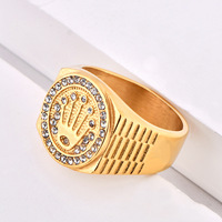 Nouvelle bague unisexe en acier inoxydable plaqué or, style hip-hop, avec couronne classique et trois perles en pierre naturelle, pour club de nuit, style européen et américain.