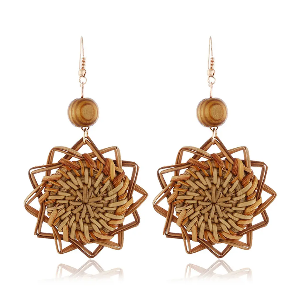 European and American vintage jewelry ladies handmade serrated round rattan wooden bead earrings