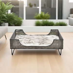 कस्टम एलिवेटेड रतन पालतू बिस्तर. न्यूनतम बुने फ्रेम, प्लग कुशन | इनडोर कुत्ते बिल्ली लाउंज - Product Image 6