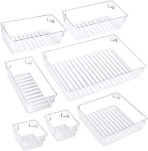 7 Pack Eco-Friendly Lightweight Transparent <b>Stackable</b> Multifunction <b>Drawer</b> Organizer Trays Set 4 Sizes <b>Plastic</b> Divider - Product Image 1