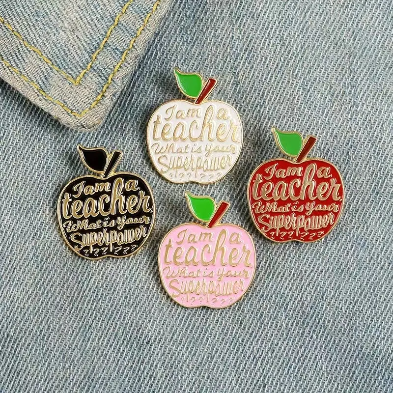 4 stilleri Apple emaye pimleri öğretmenin Superpower rozeti broş Denim çanta karikatür meyve rozetleri takı hediyeler için öğretmenler