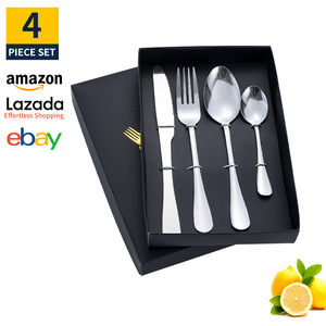 Juego de 4 piezas de cuchillo, tenedor y cuchara de acero inoxidable 1010, utensilios dorados para carne y postre, en caja de regalo. - Product Image 5