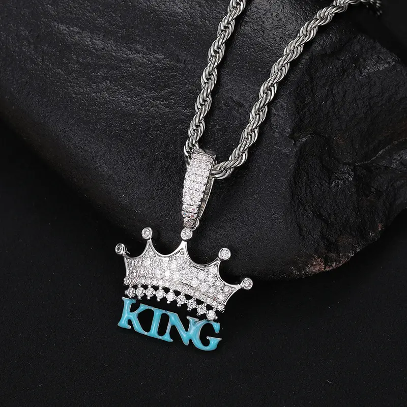 Colar de prata esterlina 925 Moissanite com pingente de coroa king brilhante, joia fina hip hop