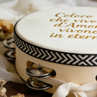 Custom Printed Text Wooden Wedding Tambourine with Natural Sheepskin, Handheld Percussion Drum for Wedding Party Favor