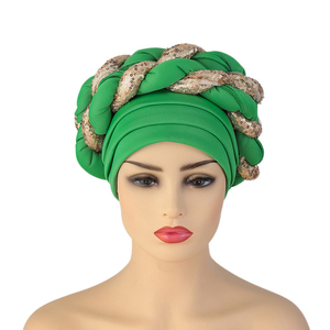 Venta caliente azul cielo mujeres Sego Gele Headtie African Head Wraps elegante Aso Oke Headtie lentejuelas listas para usar turbantes nigerianos - Product Image 3