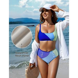 Conjunto de bikini de cintura alta para mujer, control de abdomen, traje de baño deportivo de dos piezas, modesto, activo, con ribete en contraste, de elastano - Product Image 4
