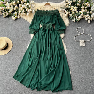 Primavera y otoño nuevo temperamento suave vestido francés cintura torcida manga farol cerrada Falda larga de columpio grande - Product Image 5
