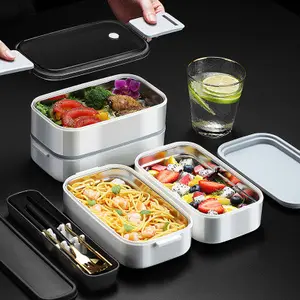 带袋饭盒餐厅隔热便携式双层便当不锈钢带塑料盖儿童食品