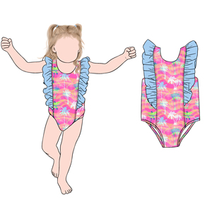 Baju Renang Anak Perempuan Motif Pohon Tropis Desain Baru dengan Ruffle Ganda Satu Potong untuk Liburan Pantai - Product Image 1