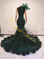 Ocstrade Strass De Luxe Robes De Bal Robe De Bal Avec Une Épaule Plume À Manches Longues En Maille Paillettes Maxi Robes De Bal Élégant
